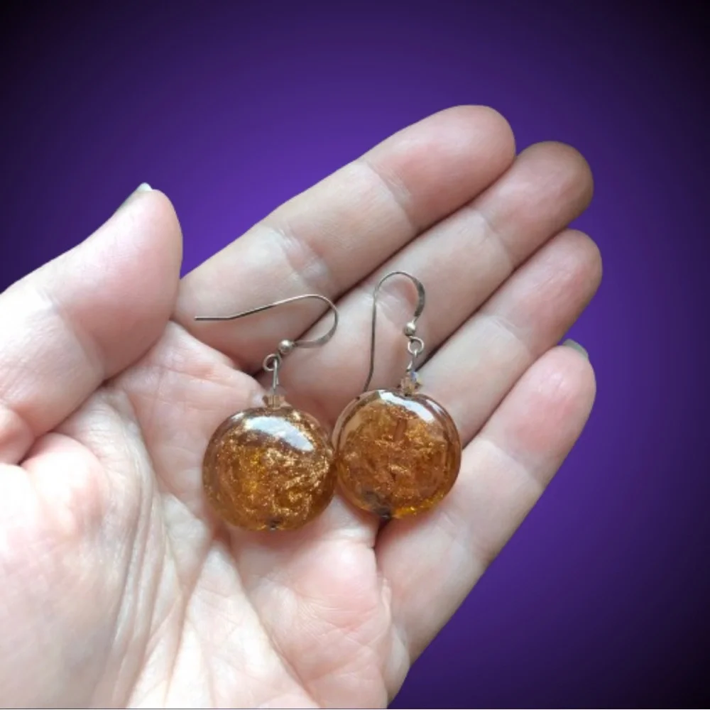 Vtg stamped 925 sterling silver & art glass copper mica dangle earrings Murano